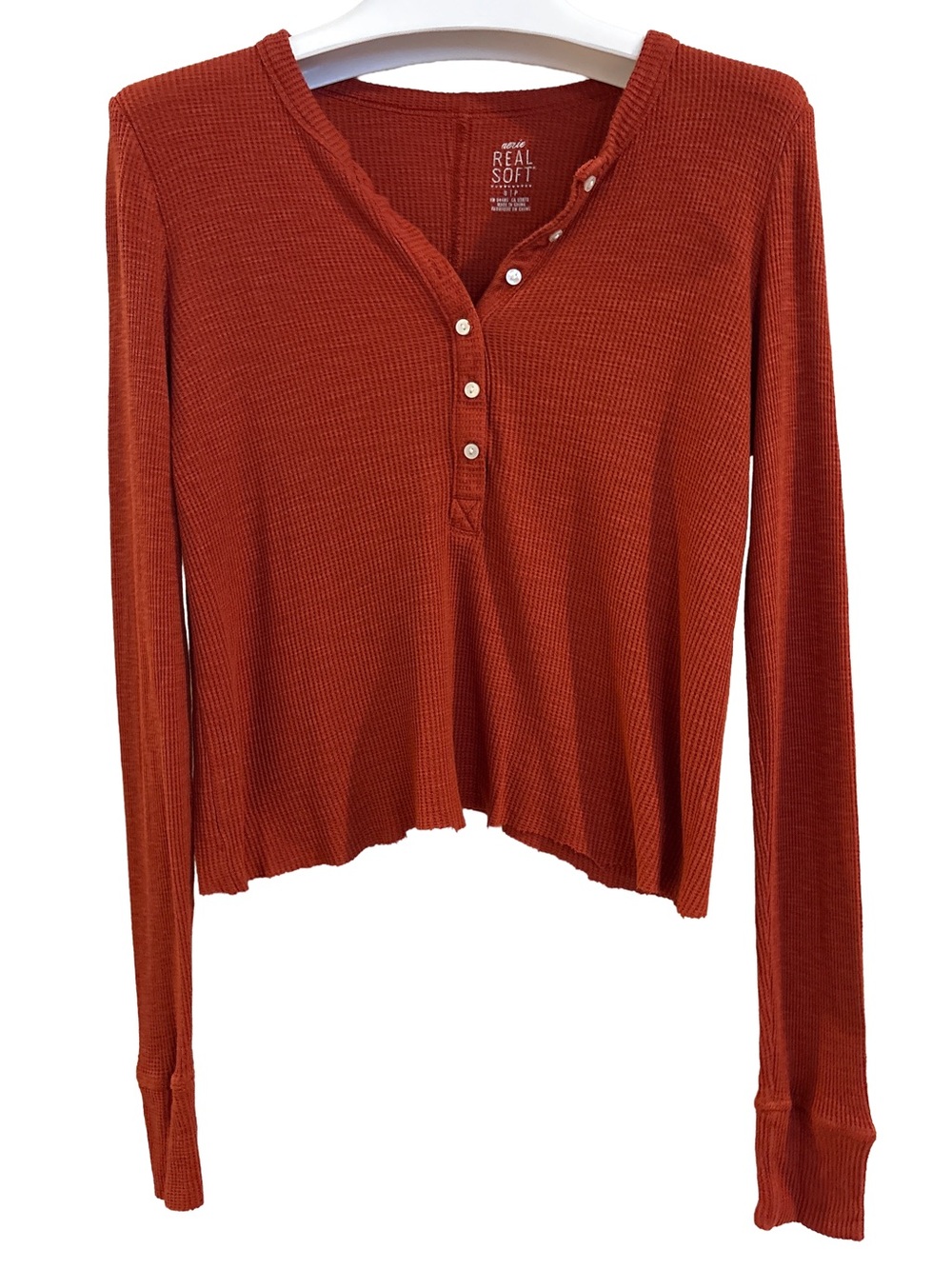 Women’s aerie Real Soft Rust Waffle Henley Long Sleeve Top, Size S
